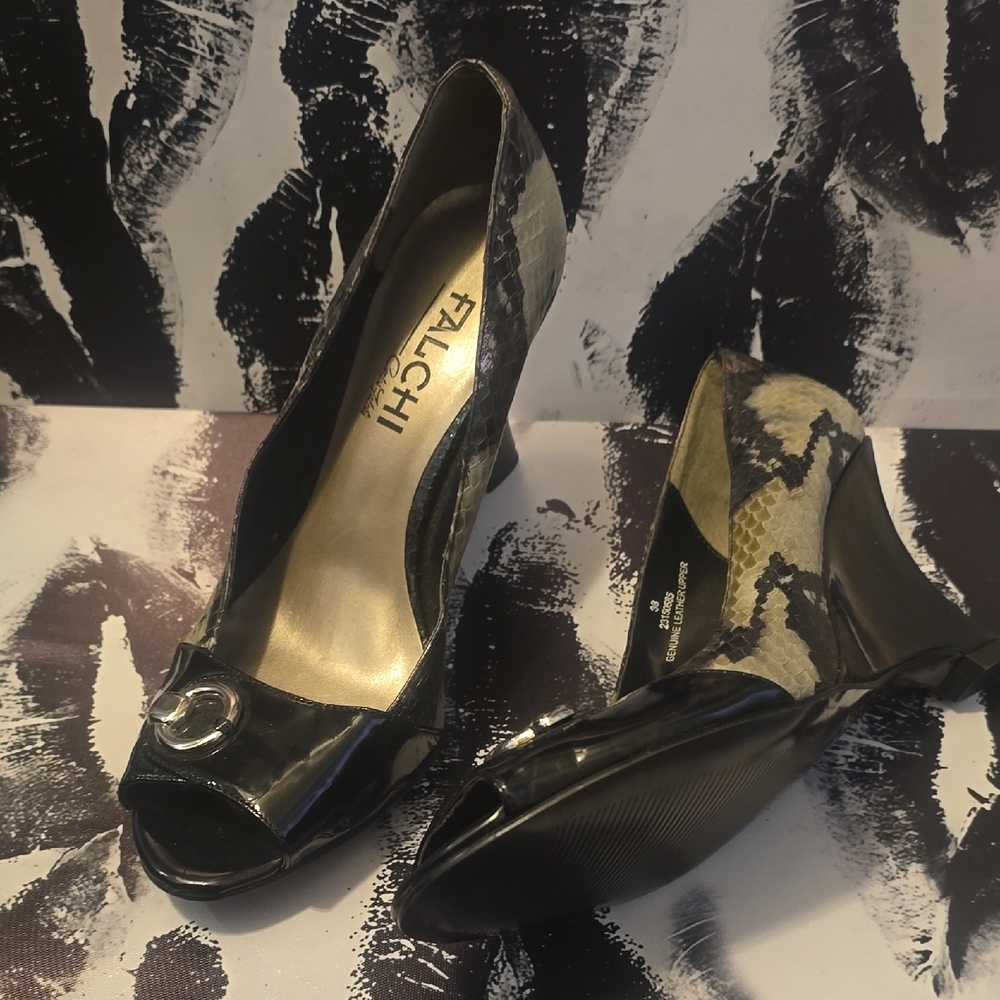 Carlos Falchi Black and Tan Peep Toe Heels